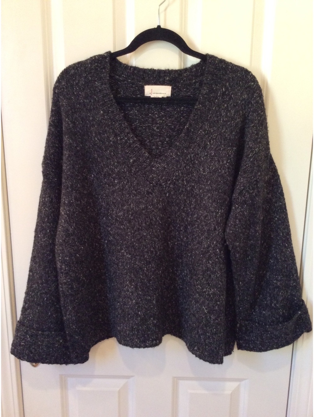 Anthropologie Maggie Gray Bell-Sleeve Marled Oversized V-Neck Sweater - XS